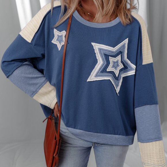 Boutique Tops - B293 Colorblock Patchwork Star Long Sleeve Top